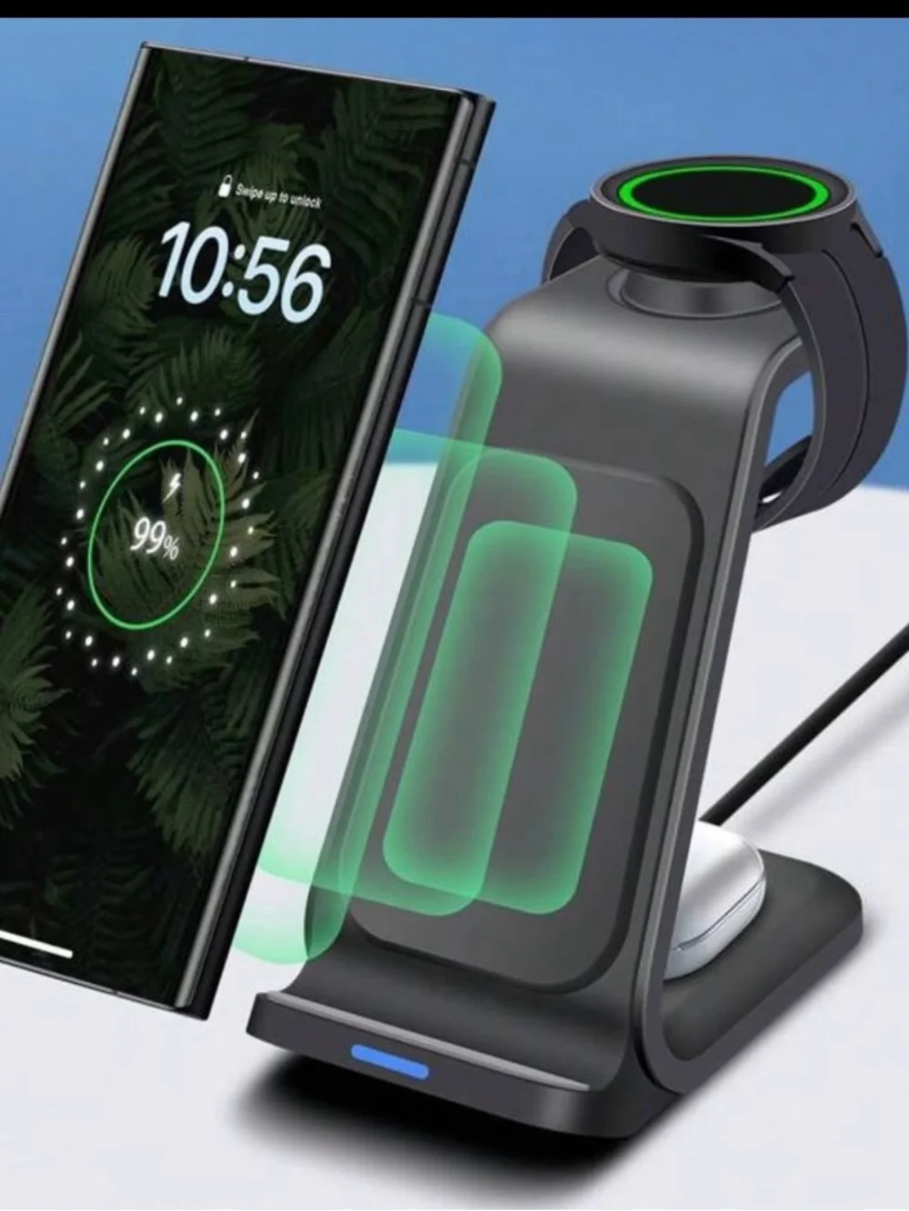 3-in-1 Wireless Charging Stand - Black with Green Accents